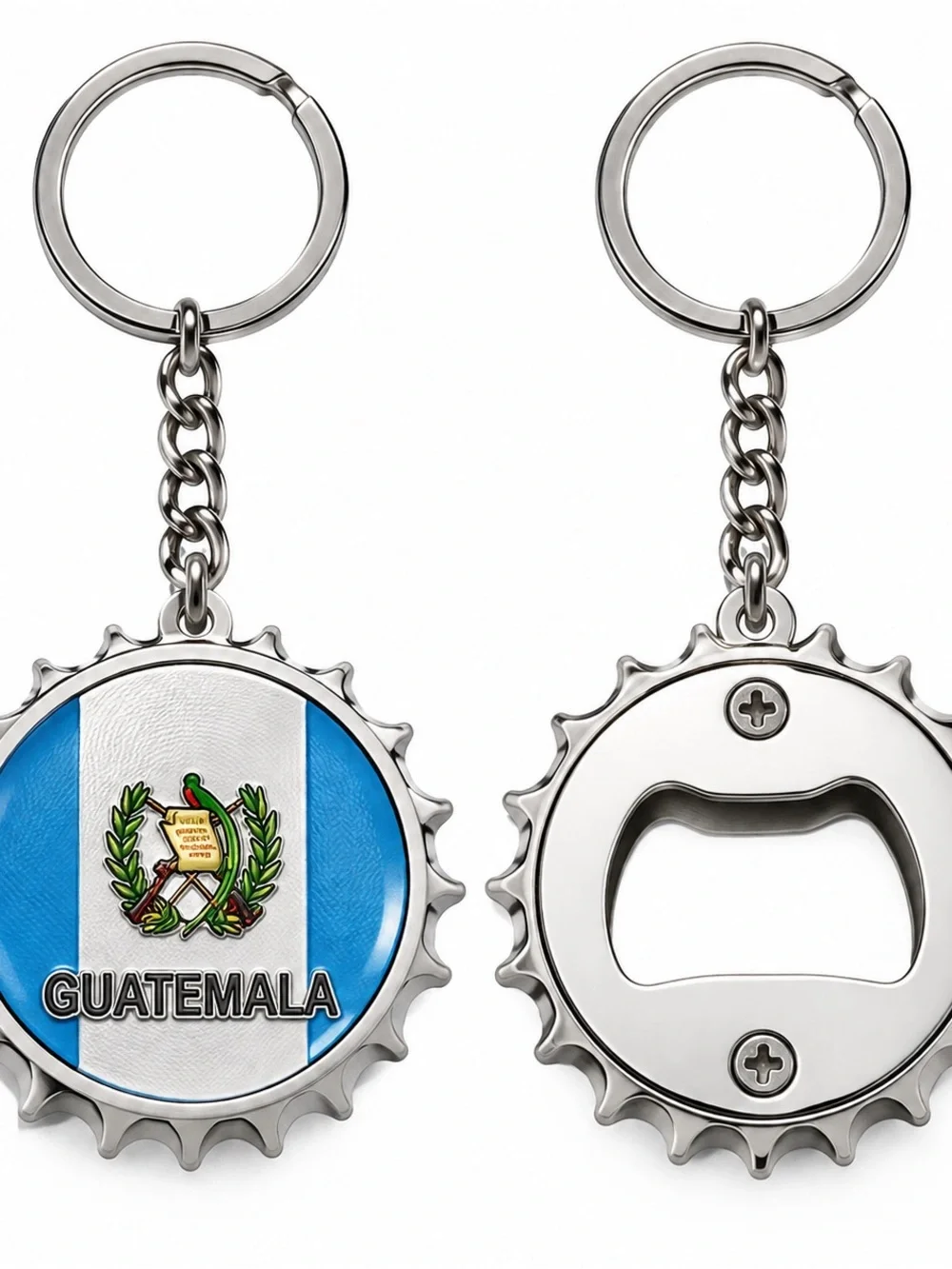 Guatemala Flag Bottle Cap Keychain - Silver
